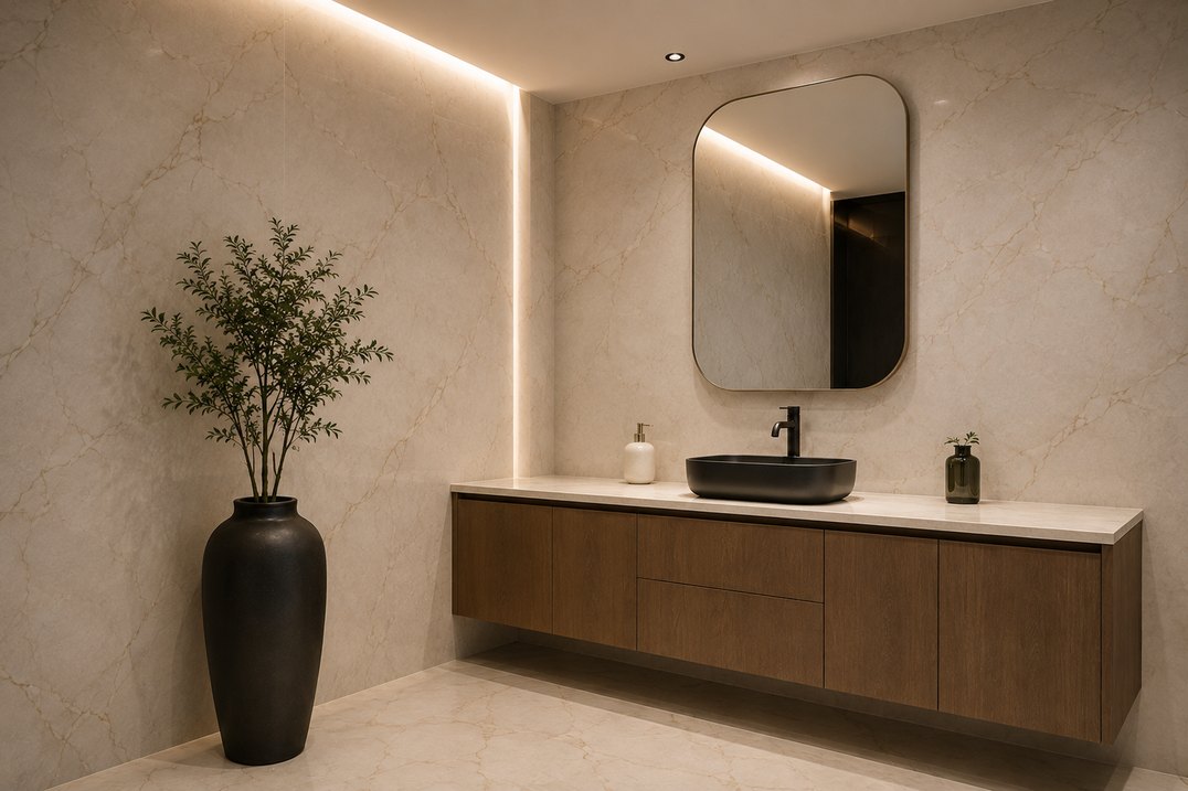 Refinished bathroom vanity and marble walls