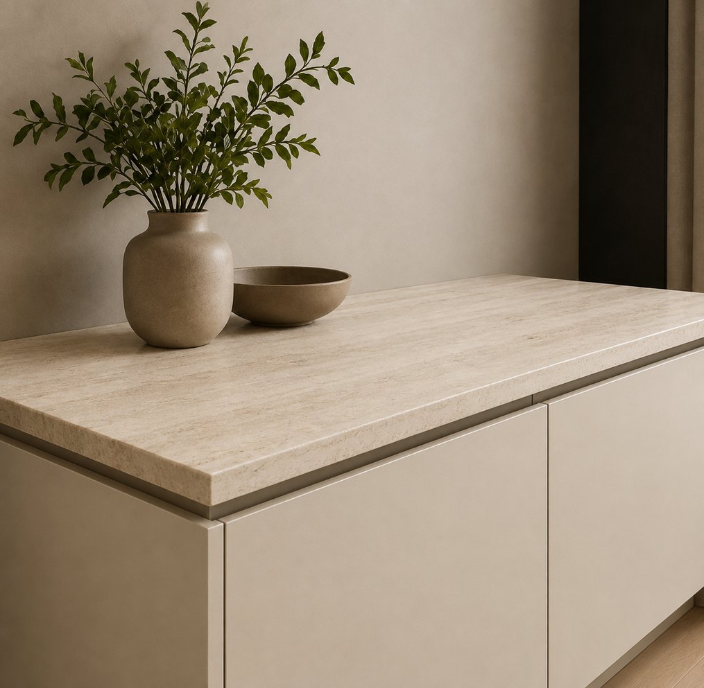 Travertine-finish countertop detail